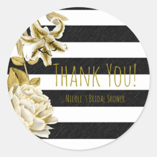 Gold Tone Floral Black & White Striped Favour Classic Round Sticker
