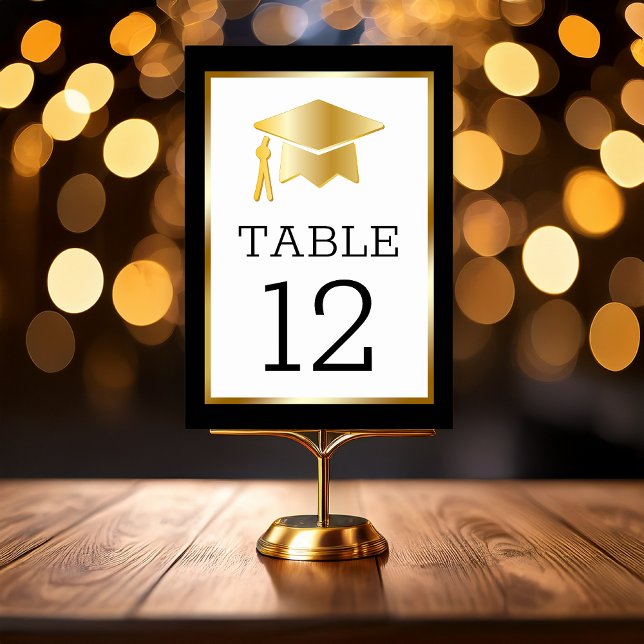 Gold Tone Grad Cap on Black Classy Graduation Table Number (Gold Tone Grad Cap Graduation Table Number Cards with Black Text - Black Printed Frame)