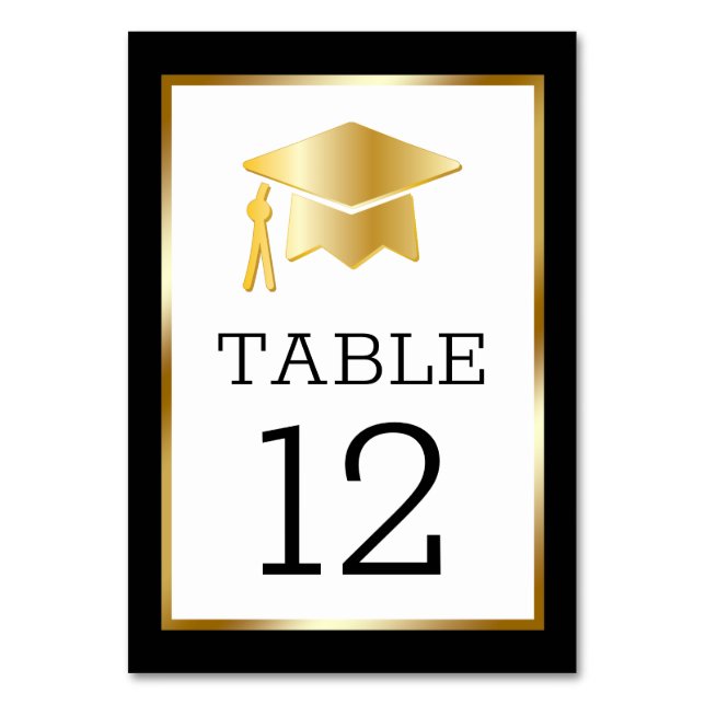 Gold Tone Grad Cap on Black Classy Graduation Table Number (Front)