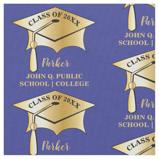 Gold Tone Graduation Cap Name Class Year School Fabric (Close Up)