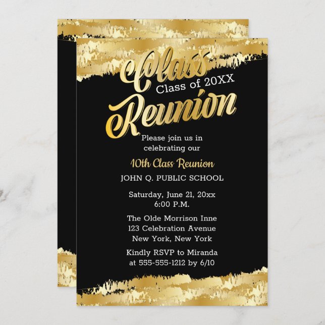 Gold Tone Modern Class Reunion Party Invitation (Front/Back)