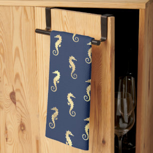 Gold Tone Seahorses over Navy Blue Tea Towel