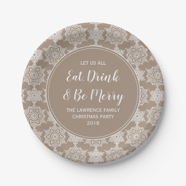 Gold Tone Snowflake Eat Drink Christmas Party Paper Plate (Front)