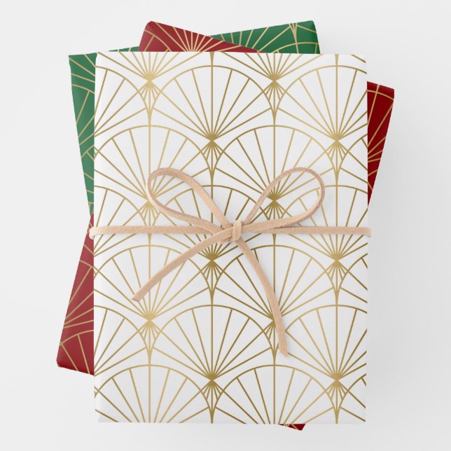 Gold tones Art Deco pattern on white, red, green Wrapping Paper Sheet (In situ)