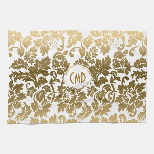 Gold Tones Floral Damasks Monogramed Tea Towel (Horizontal)