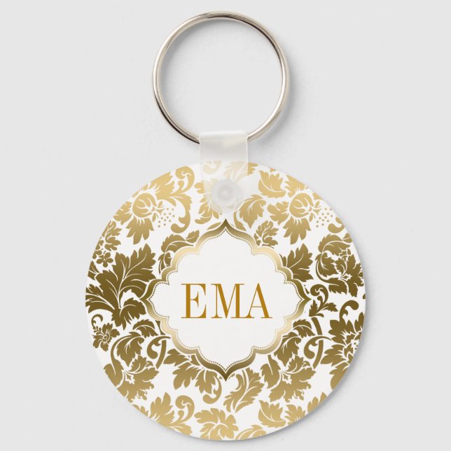 Gold Tones Floral Damasks Over White Background Key Ring (Front)