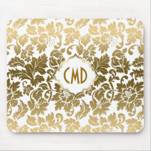 Gold Tones Floral Damasks Over White Background Mouse Pad