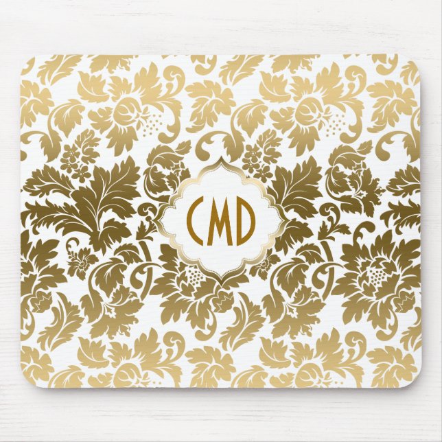 Gold Tones Floral Damasks Over White Background Mouse Pad (Front)