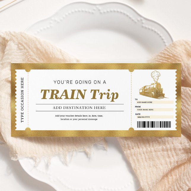 Gold Train Trip Boarding Pass Gift Ticket Voucher Invitation (Creator Uploaded)