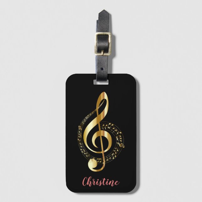 Gold Treble Clef Personalized Music Luggage Tag (Front Vertical)