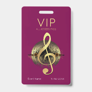 Gold Treble Clef VIP All Access Deep Burgundy ID Badge