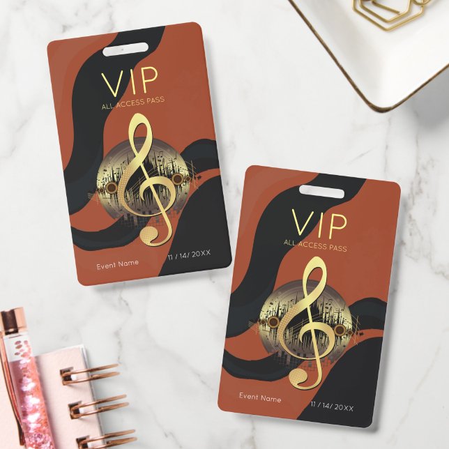Gold Treble Clef VIP All Access Orange Wave Design ID Badge (Office)