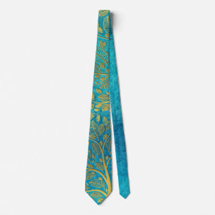 Gold tree and Leaves on Turquoise Blue Tie