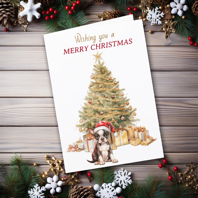 Gold Tree Boston Terrier Puppy Christmas Card (Creator Uploaded)