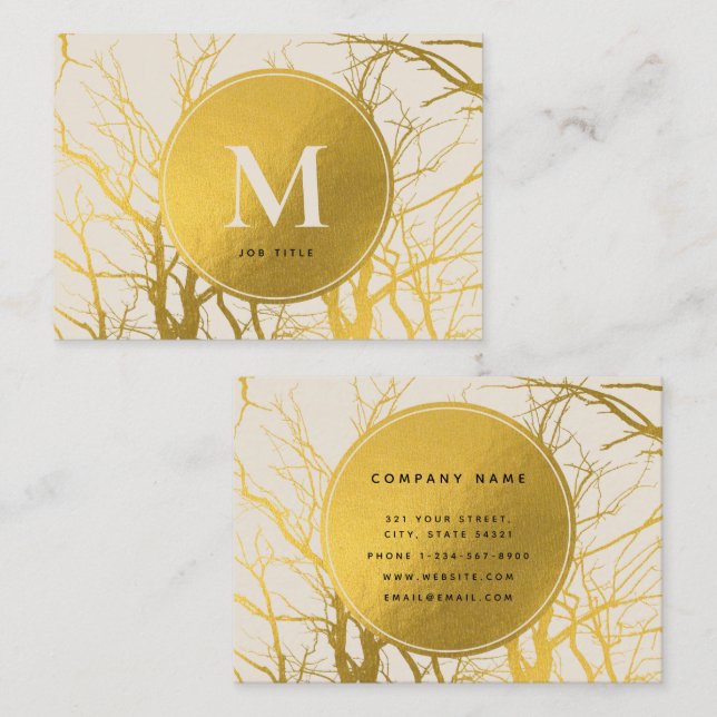 Gold Tree Branches Beige Monogram Professional Business Card (Front/Back)