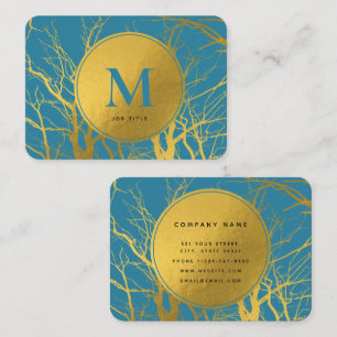 Gold Tree Branches Blue Monogram Professional Business Card