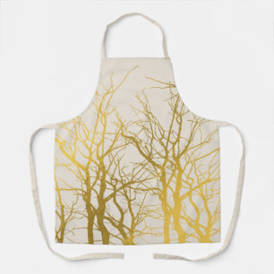 Gold Tree Branches Pattern Beige Background  Apron