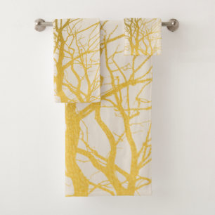 Gold Tree Branches Pattern Beige Background Bath Towel Set