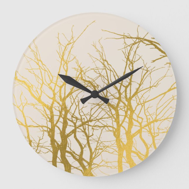 Gold Tree Branches Pattern Beige Background Large Clock (Front)