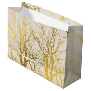 Gold Tree Branches Pattern Beige Background Large Gift Bag