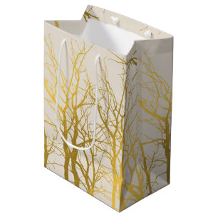 Gold Tree Branches Pattern Beige Background Medium Gift Bag