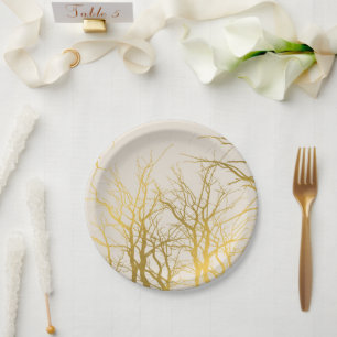 Gold Tree Branches Pattern Beige Background  Paper Plate