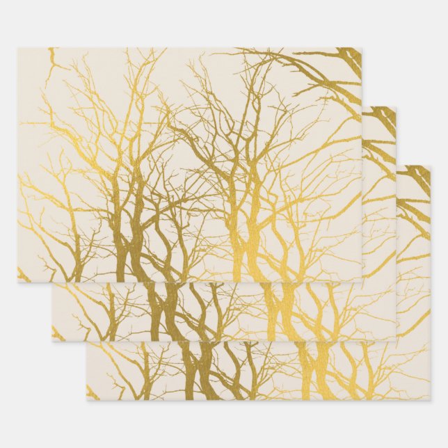 Gold Tree Branches Pattern Beige Background   Wrapping Paper Sheet (Set)