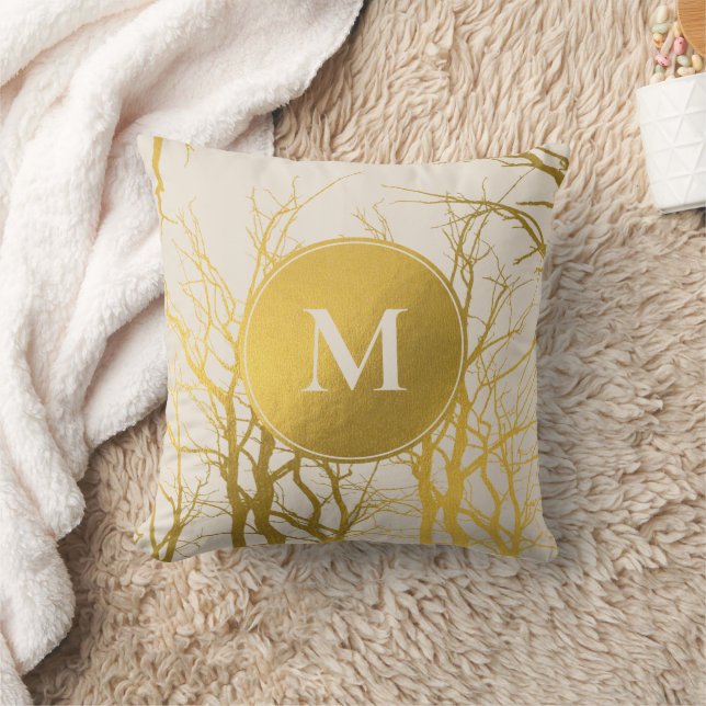 Gold Tree Branches Pattern Beige Monogram Cushion (Blanket)