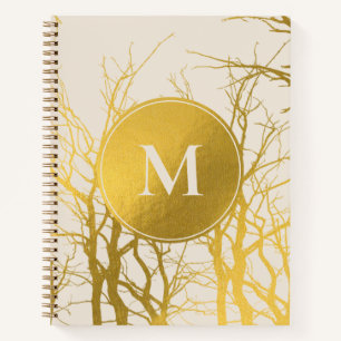 Gold Tree Branches Pattern Beige Monogram Notebook