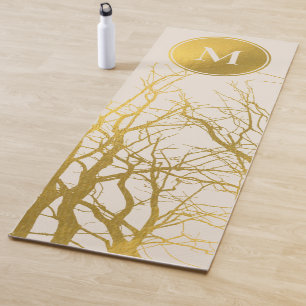 Gold Tree Branches Pattern Beige Monogram  Yoga Mat