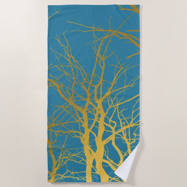 Gold Tree Branches Pattern Blue Background  Beach Towel (Front)