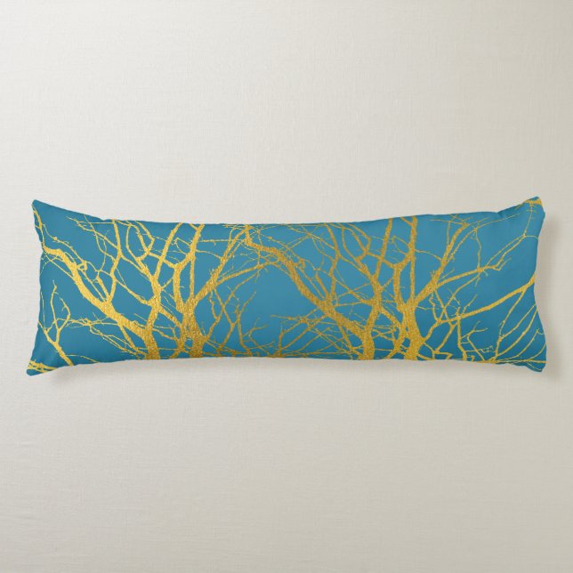 Gold Tree Branches Pattern Blue Background Body Cushion (Front)