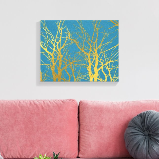 Gold Tree Branches Pattern Blue Background Canvas Print (Insitu(LivingRoom))