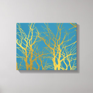Gold Tree Branches Pattern Blue Background Canvas Print