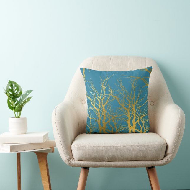 Gold Tree Branches Pattern Blue Background  Cushion (Chair)