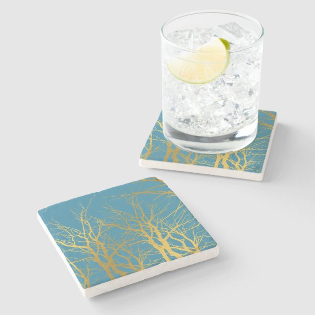 Gold Tree Branches Pattern Blue Background  Stone Coaster (Side)