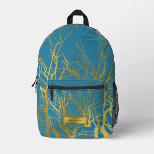 Gold Tree Branches Pattern Blue Custom Name Printed Backpack