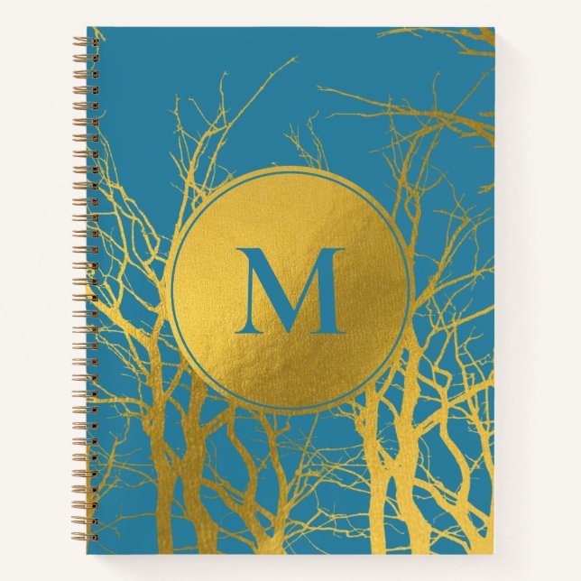 Gold Tree Branches Pattern Blue Monogram  Notebook (Front)