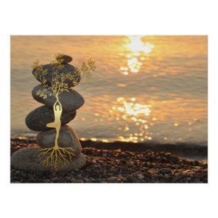 Gold Tree Girl Silhouette Zen Stones,Sunset, Beach Poster