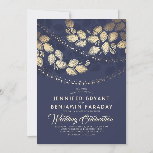 Gold Tree Leaves and Lights | Navy Blue Wedding Invitation (Front)