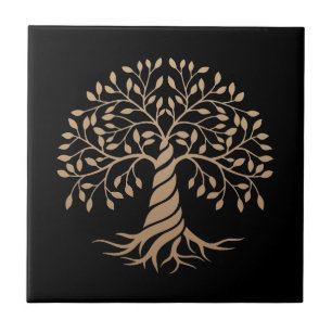Gold Tree of Life Black Background Graphic Art Tile