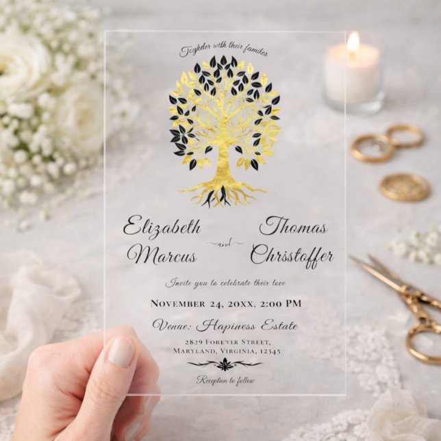 Gold Tree of Life Elegant Black Wedding Theme Acrylic Invitations (Creator Uploaded)