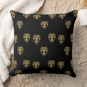 Gold tree of life heart black pattern cushion