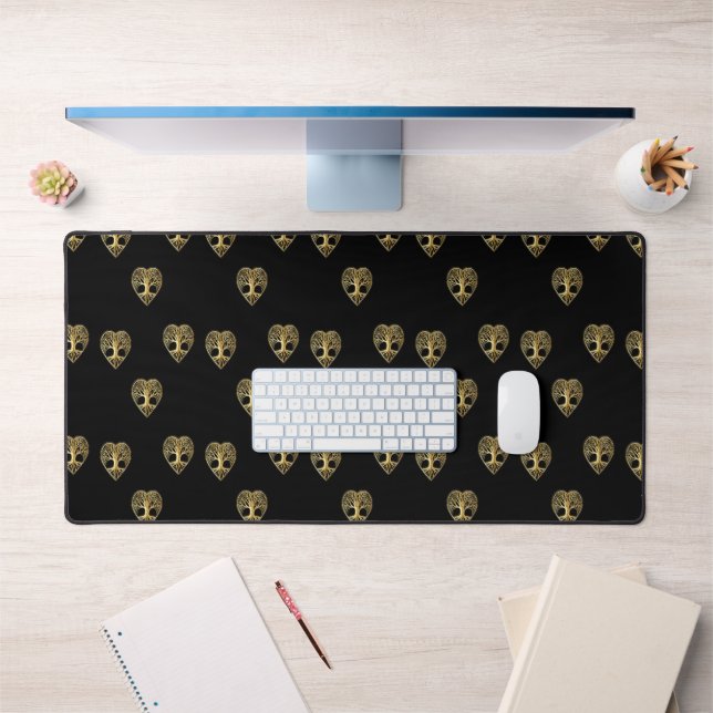 Gold tree of life heart black pattern desk mat (Office 1)