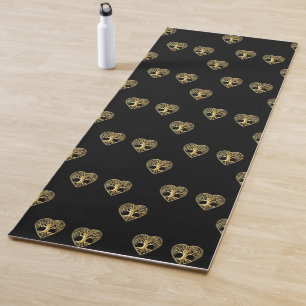 Gold tree of life heart black pattern yoga mat