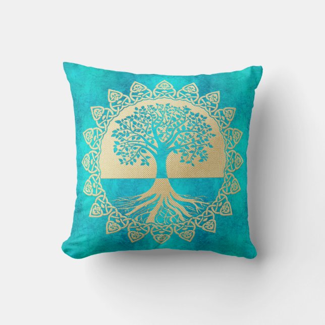 Gold Tree Of Life on Turquoise Cushion (Front)
