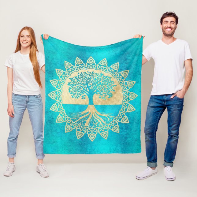 Gold Tree Of Life on Turquoise  Fleece Blanket (In Situ)