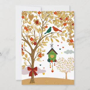 Gold Tree of Love Bird Couple Kissing  Holiday Card