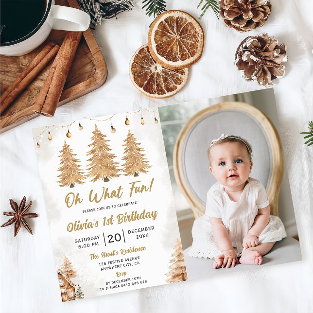 Gold Tree Oh What Fun Christmas Birthday Photo Invitation (Creator Uploaded)