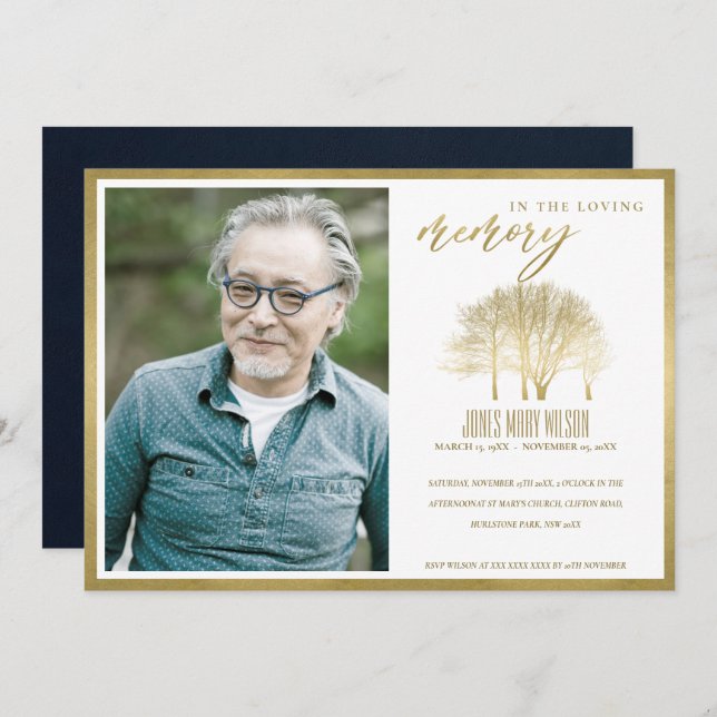 GOLD TREE PHOTO SYMPATHY MEMORIAL SERVICE INVITE (Front/Back)